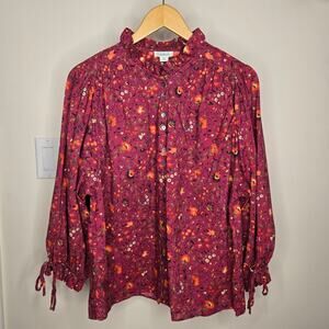 SUNDANCE Floral Burgundy Womens Blousey Poet Top Size M Longsleeve Smocking Deta